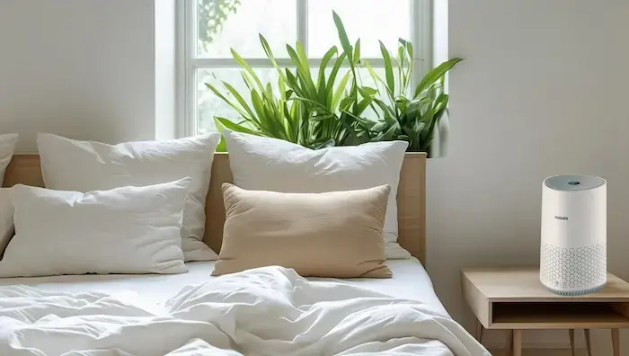 Purificateur d'air Philips AC0651/10 posé sur une table de nuit dans une chambre lumineuse au style naturel, avec coussins blancs et plantes vertes