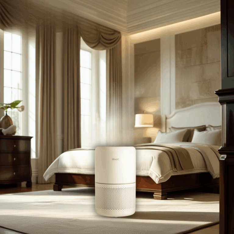 Purificateur d’air blanc posé dans une chambre lumineuse et confortable, évoquant un air sain et un environnement de sommeil serein