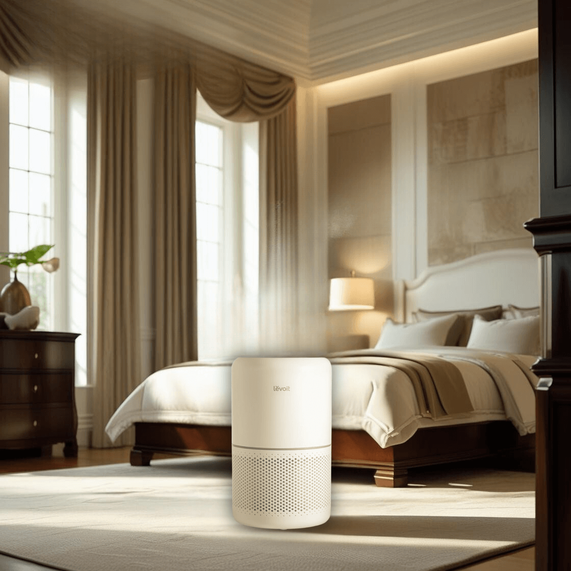 Purificateur d’air blanc posé dans une chambre lumineuse et confortable, évoquant un air sain et un environnement de sommeil serein