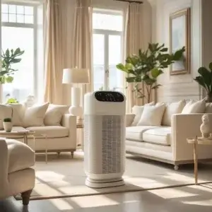 Meilleur purificateur d’air 2026 : TOP 5 (chambre, allergies, grandes pièces) Purificateur d’air blanc au design épuré dans un salon élégant et lumineux, ambiance haut de gamme