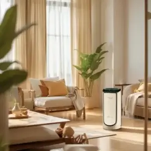 Rowenta Intense Pure Air Connect XL : avis & guide d'achat Purificateur d’air Rowenta Air Pure Connect XL installé dans un salon lumineux, décor cosy et naturel