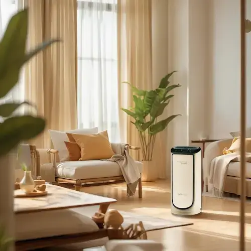 Purificateur d’air Rowenta Air Pure Connect XL installé dans un salon lumineux, décor cosy et naturel