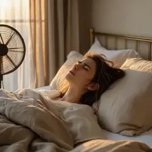 Pourquoi les ventilateurs vous réveillent en pleine nuit ? (Et comment l'éviter) Jeune femme gênée par un ventilateur bruyant au réveil, lumière douce du matin sur le lit