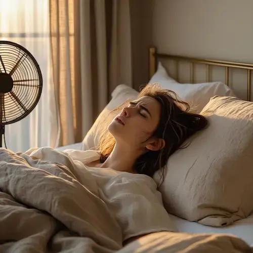Jeune femme gênée par un ventilateur bruyant au réveil, lumière douce du matin sur le lit