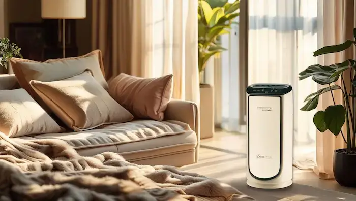 Purificateur d'air Rowenta Air Pur Connect XL dans un salon lumineux