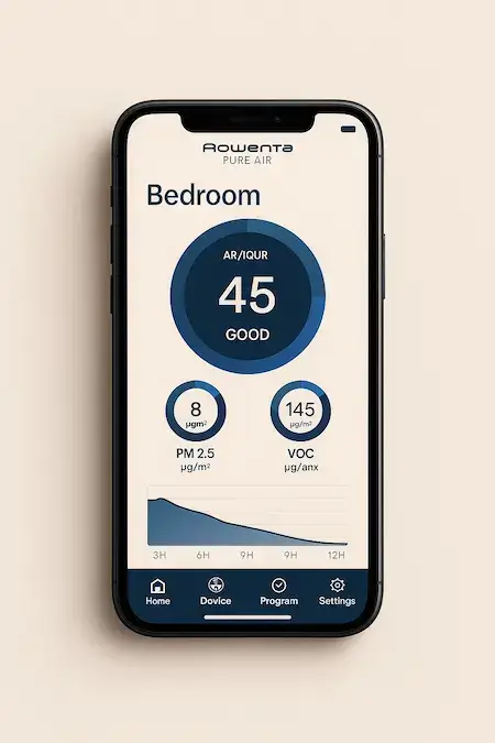Mockup de l'application mobile Rowenta sur smartphone, affichant les données de qualité de l’air avec des graphiques circulaires en dégradé bleu nuit à indigo sur fond beige sable