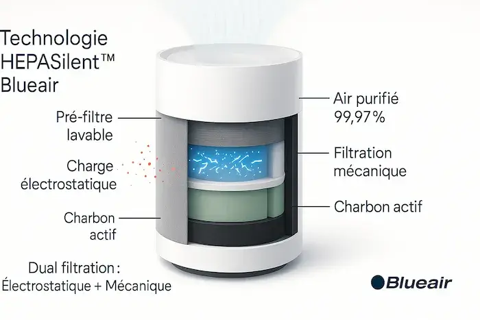 Illustration des différentes couches de filtration HEPASilent des purificateurs Blueair : préfiltre lavable, charge électrostatique, filtration mécanique HEPA, charbon actif, air purifié