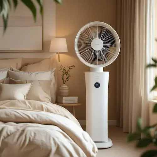 Ventilateur silencieux installé dans une chambre apaisante aux tons neutres