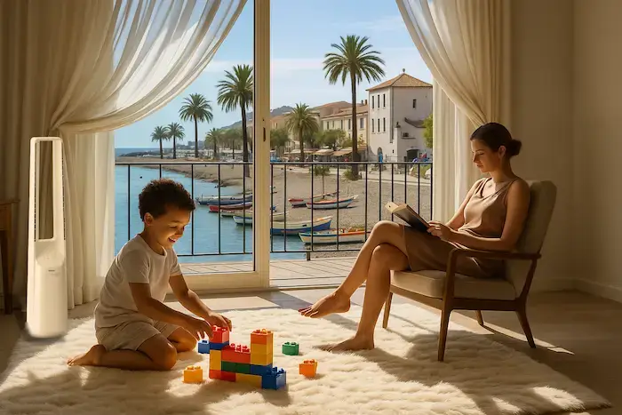 Enfant jouant dans un salon lumineux avec rideaux légers, tandis qu’un adulte lit paisiblement ; ventilateur colonne en marche légère dans un coin, et vue réaliste sur le front de mer de Cros-de-Cagnes à Cagnes-sur-Mer en arrière-