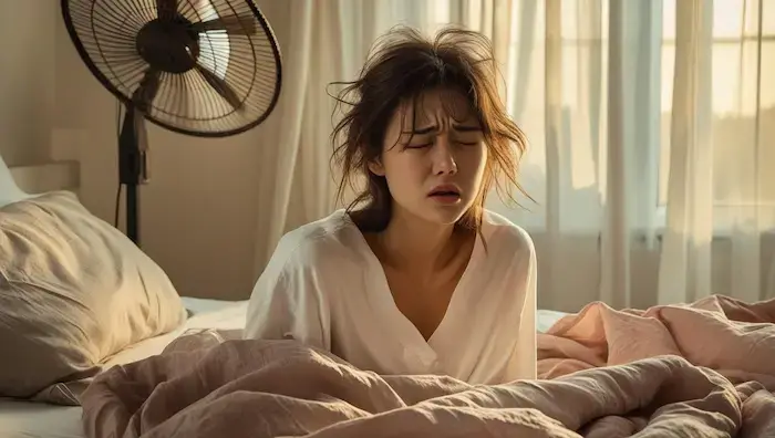 Femme réveillée tôt un dimanche matin, fatiguée par le bruit du ventilateur, lumière du matin entrant dans la chambre
