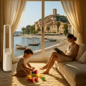 Ventilateur Pro Breeze : une solution sans pales efficace et économique pour l'été Un enfant joue dans un salon lumineux avec un ventilateur colonne discret, pendant qu’un adulte lit, face à une baie vitrée ouverte sur le village médiéval de Cagnes-sur-Mer et sa côte ensoleillée.