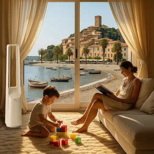 Un enfant joue dans un salon lumineux avec un ventilateur colonne discret, pendant qu’un adulte lit, face à une baie vitrée ouverte sur le village médiéval de Cagnes-sur-Mer et sa côte ensoleillée.
