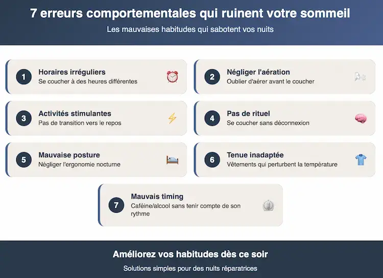 Infographie des 7 erreurs comportementales qui dégradent la qualité du sommeil : horaires irréguliers, négligence de l'aération, activités stimulantes prolongées, absence de rituel de déconnexion, mauvaise posture, tenue inadaptée et mauvais timing de consommation