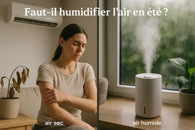 Femme souffrant de peau sèche dans un intérieur climatisé avec plante desséchée, illustrant l'impact de l'air sec en été