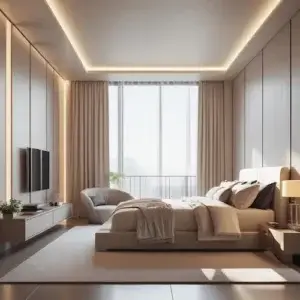 Chambre moderne et lumineuse avec lit double et linge de lit beige, illustrant le confort apporté par un surmatelas ergonomique.