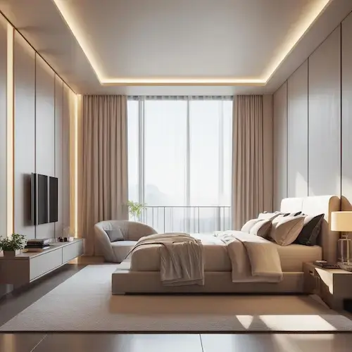 Chambre moderne et lumineuse avec lit double et linge de lit beige, illustrant le confort apporté par un surmatelas ergonomique.