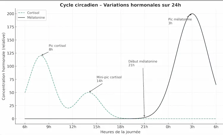 Graphique scientifique du cycle circadien montrant les variations de mélatonine et cortisol sur 24h avec pic mélatonine à 3h et pic cortisol à 8h