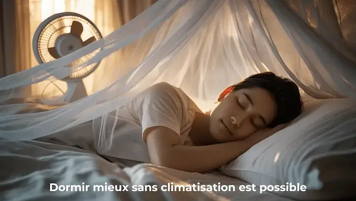 Femme dormant paisiblement sous une moustiquaire, ventilateur en arrière-plan, ambiance estivale douce sans climatisation