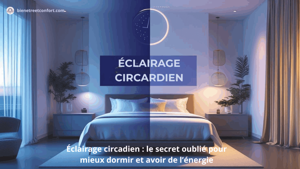 Chambre moderne éclairée avec une lumière circadienne, moitié bleue nuit moitié chaude, illustrant l’impact de l’éclairage sur le sommeil.