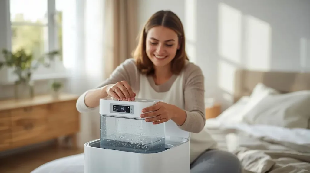 Femme souriante en pull beige vidant réservoir transparent plein d'eau condensée d'un déshumidificateur blanc avec écran digital dans chambre lumineuse