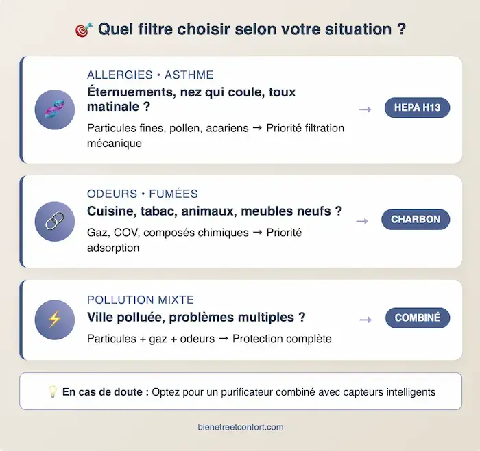 Flowchart interactif pour choisir entre filtre HEPA et charbon actif selon allergies, odeurs et besoins spécifiques
