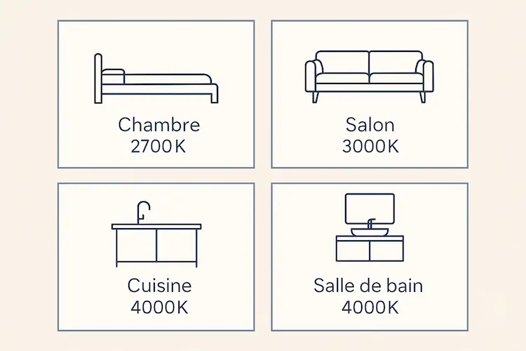 Infographie montrant les températures de couleur LED recommandées par pièce : chambre 2700K, salon 3000K, cuisine et salle de bain 4000K