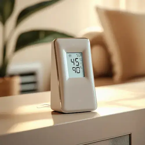 Hygromètre digital indiquant 45 % d'humidité dans une pièce lumineuse l'été