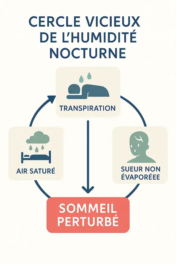 Infographie illustrant en 3 étapes le cercle vicieux de la transpiration nocturne dans une chambre humide : transpiration, air saturé, sueur non évaporée, sommeil perturbé