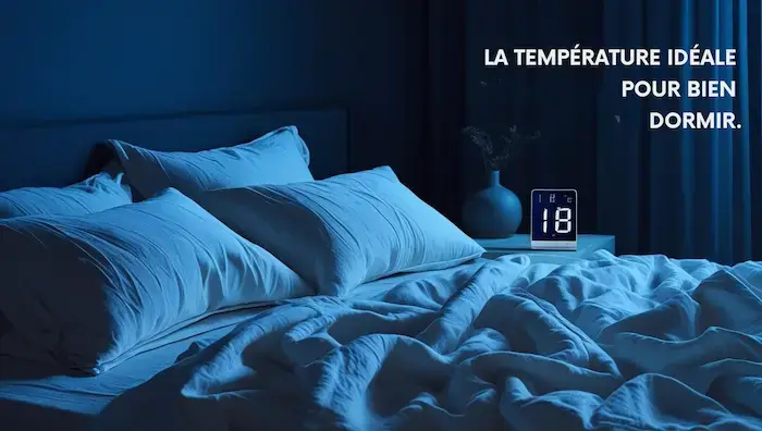 Thermomètre numérique affichant 18°C dans une chambre sombre, lit en désordre et ambiance apaisante — illustration visuelle de la température idéale pour bien dormir en été.