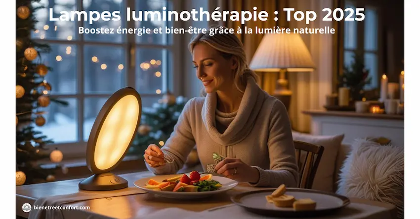 Femme prenant son petit-déjeuner devant une lampe de luminothérapie design, guide comparatif 2025 sur bienetreetconfort.com