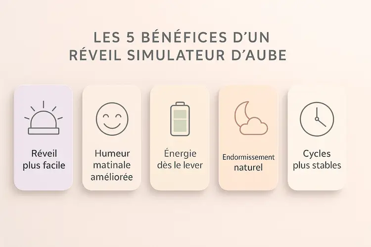 Infographie illustrant les 5 bénéfices d’un réveil simulateur d’aube : réveil plus facile, humeur matinale améliorée, énergie dès le lever, endormissement naturel et cycles plus stables.