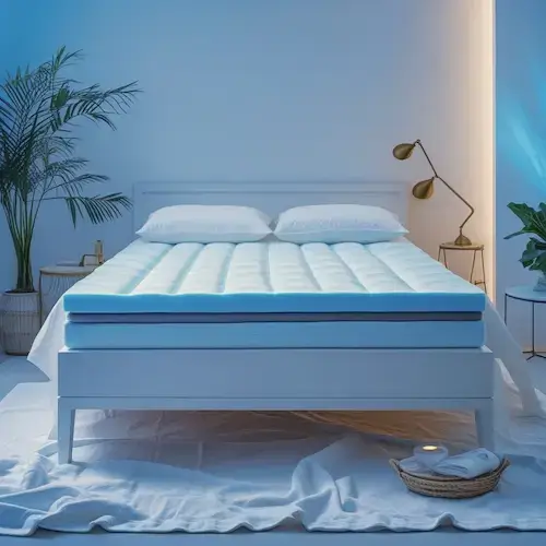 Surmatelas rafraîchissant bleu clair posé sur un lit moderne, comparatif des meilleurs modèles de l'année pour un confort optimal et des nuits plus fraîches.