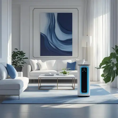 Purificateur d’air design dans un salon d’été lumineux – image illustrant la qualité de l’air intérieur et le confort domestique