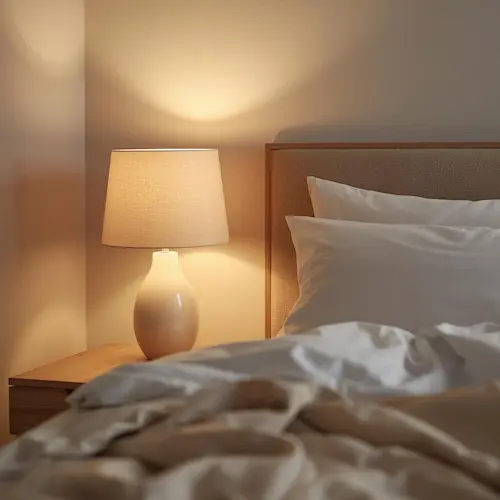 Chambre avec lampe de chevet 2700K allumée créant une ambiance chaude pour favoriser le sommeil 