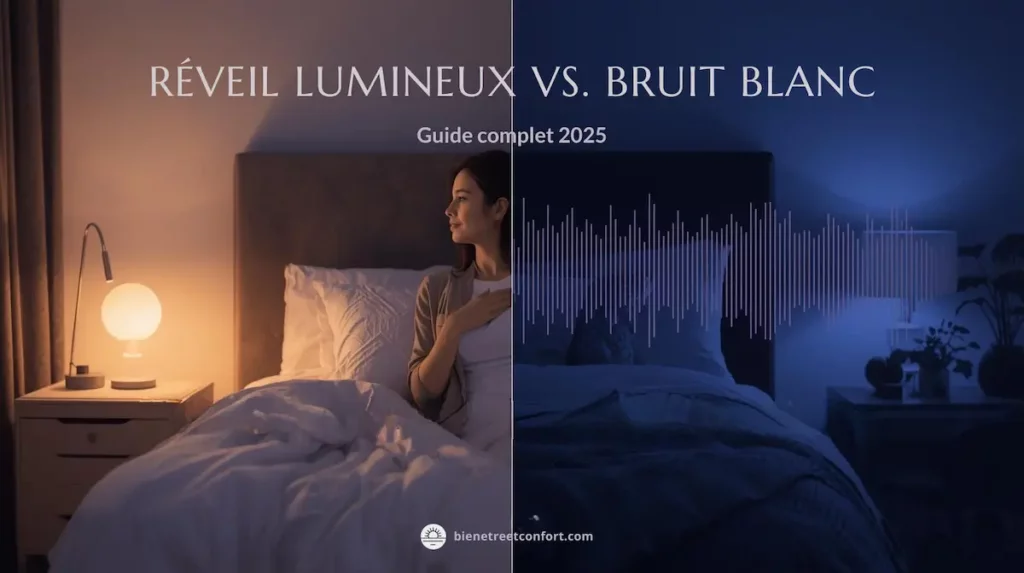 Comparatif visuel réveil lumineux vs bruit blanc : une femme dans son lit entre lumière chaude d’un simulateur d’aube et ambiance bleue avec onde sonore, illustrant les deux solutions pour mieux dormir. Guide complet 2025 – bienetreetconfort.com