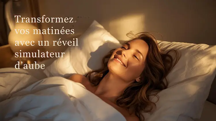 Femme souriante se réveillant naturellement grâce à la lumière d’un réveil simulateur d’aube, illustrant les bienfaits d’un réveil lumineux pour un lever en douceur.