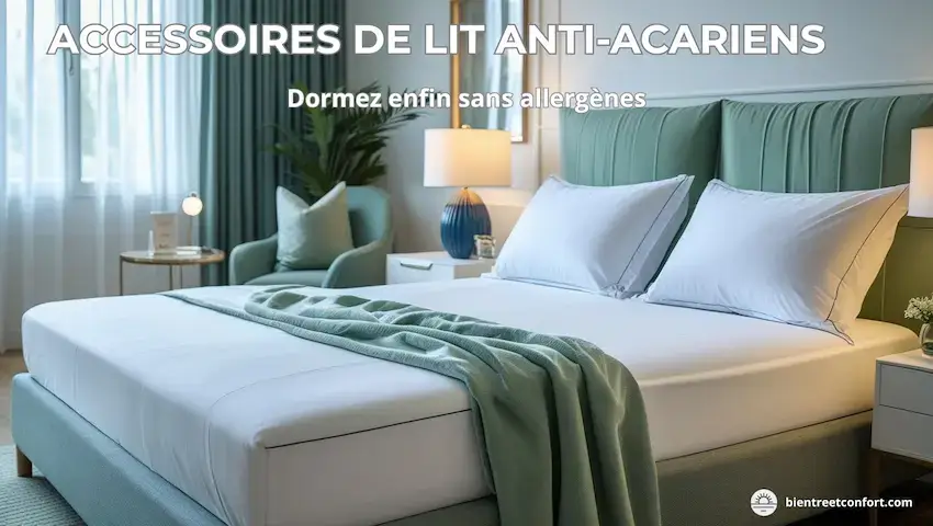 Chambre moderne avec literie anti-acariens blanche - accessoires protection complète allergies 