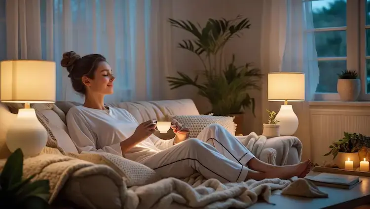 Femme se détendant le soir dans son salon avec éclairage doux et ambiance cocooning, tasse à la main, préparant naturellement au sommeil