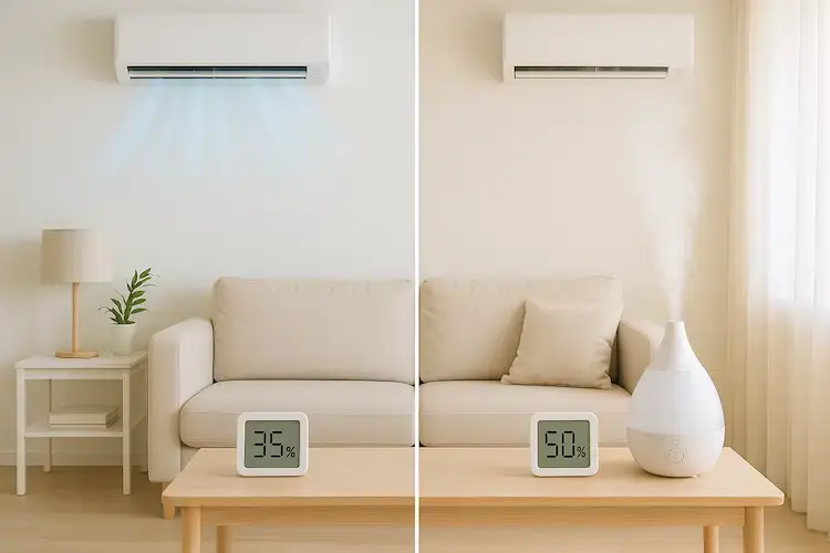 Comparaison air sec à 35 % d'humidité avec climatisation vs air équilibré à 50 % avec humidificateur
