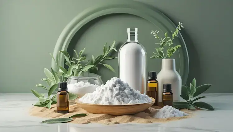 Bicarbonate de soude en poudre dans un bol en bois avec huiles essentielles et feuilles vertes, pour l’entretien naturel de la literie.