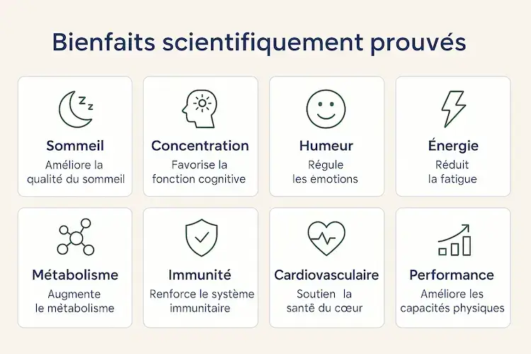 Infographie présentant les 8 bienfaits scientifiques de l'éclairage circadien : amélioration du sommeil, concentration, humeur, énergie, métabolisme, immunité, santé cardiovasculaire et performances physiques, illustrés par des icônes explicites