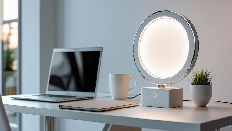 Bureau moderne minimaliste avec lampe de luminothérapie design circulaire allumée, ordinateur portable, tasse et plante verte, illustrant l'intégration élégante de la luminothérapie dans un espace de travail contemporain et sophistiqué