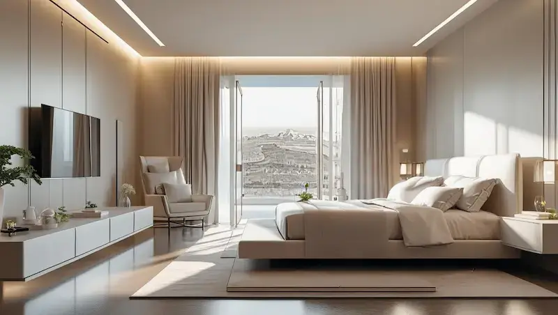 Chambre moderne et lumineuse aménagée pour un confort optimal avec literie et surmatelas ergonomique