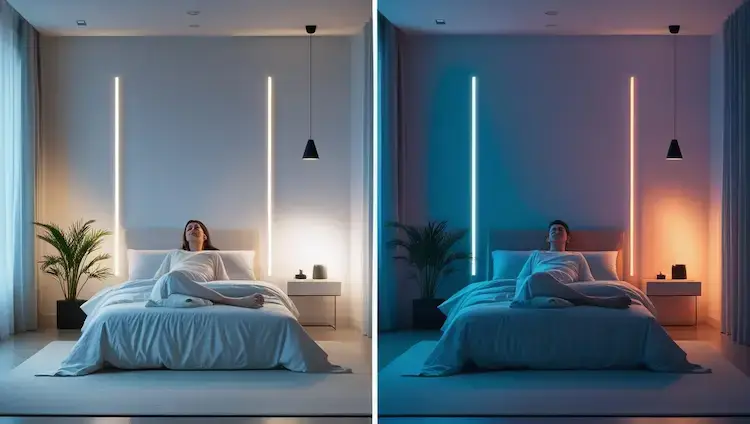 Chambre moderne avec éclairage circadien intelligent montrant la transition entre lumière blanche matinale énergisante et ambiance chaude du soir