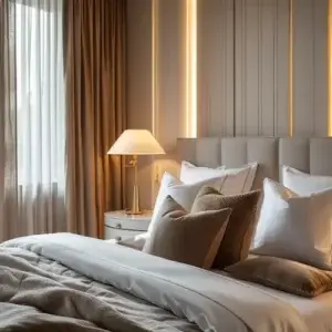 Lit avec oreillers moelleux et draps impeccables dans une chambre lumineuse, ambiance chaleureuse propice au sommeil