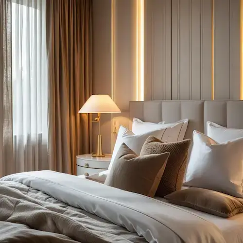 Lit avec oreillers moelleux et draps impeccables dans une chambre lumineuse, ambiance chaleureuse propice au sommeil