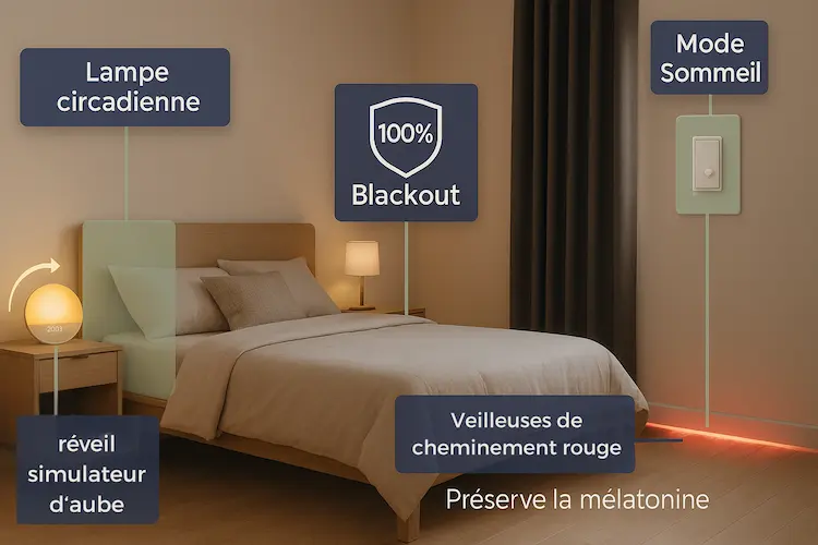 Infographie chambre optimisée pour le sommeil : réveil simulateur d'aube, lampe circadienne, rideaux blackout, variateur mode sommeil, veilleuses rouges anti lumière bleue