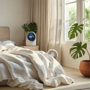 Mauvais sommeil en été : comment la chaleur sabote vos nuits (et quoi faire) Chambre moderne lumineuse avec thermomètre affichant 18°C, la température idéale pour un sommeil réparateur en été. Lit avec draps blancs froissés, ventilateur design et plantes vertes pour illustrer les solutions contre le mauvais sommeil estival et la chaleur nocturne.
