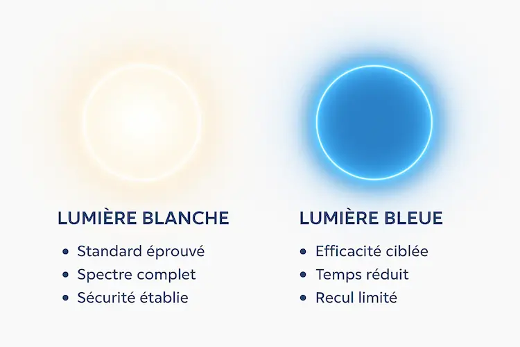 Comparaison lumière blanche vs lumière bleue en luminothérapie : deux cercles lumineux côte à côte montrant les avantages de chaque type - lumière blanche avec standard éprouvé, spectre complet et sécurité établie versus lumière bleue avec efficacité ciblée, temps réduit mais recul limité