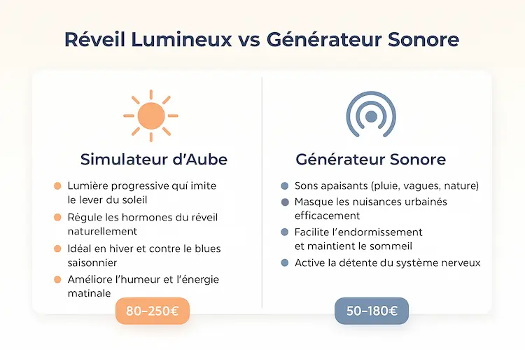 Comparaison réveil lumineux et générateur sonore avec caractéristiques et prix